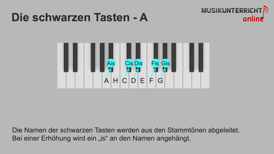 Die Tonnamen auf dem Klavier - Die schwarzen Tasten - A: Stammtöne erhöht