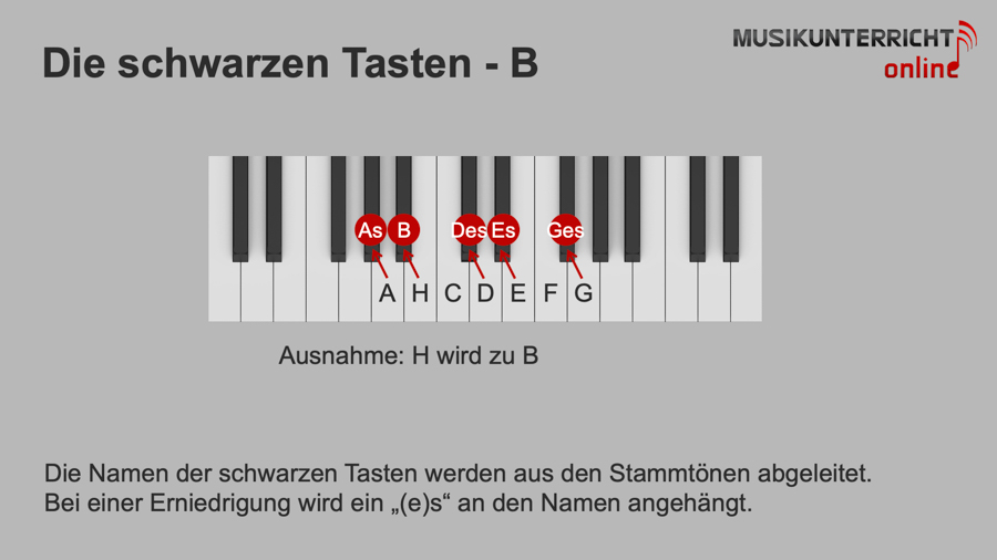 Die Tonnamen auf dem Klavier - Die schwarzen Tasten - B: Stammtöne erniedrigt