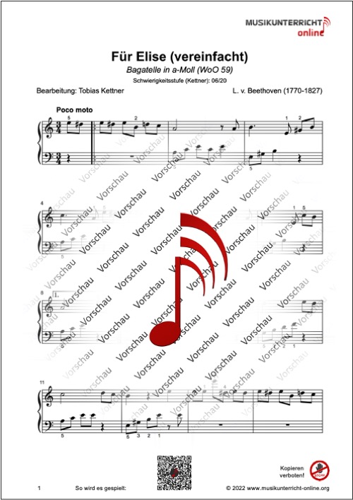 Vorschaubild Noten S. 1 Beethoven Für Elise (vereinfacht)