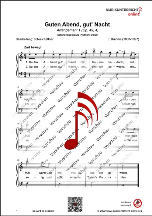 Vorschaubild Noten S. 1 Brahms Guten Abend, gut' Nacht, Arr. 1