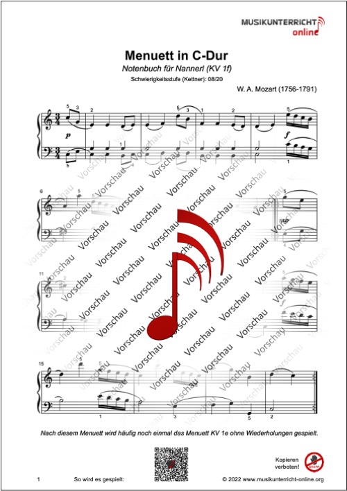 Produkt_Vorschau_Mozart_KV1f_Menuett_in_C-Dur_2 Vorschaubild Noten S. 1 W. A. Mozart Menuett in C-Dur, KV 1f