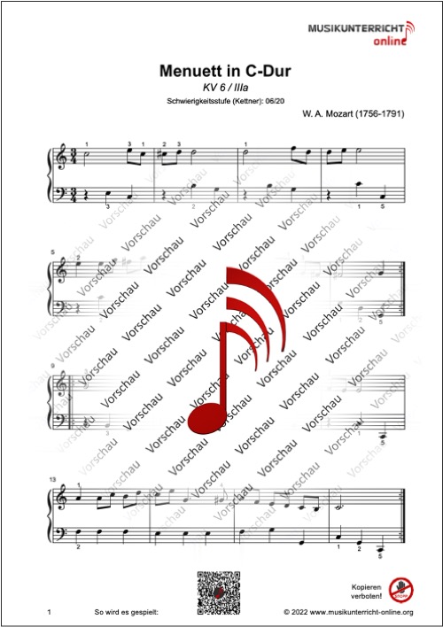 Vorschaubild Noten S. 1 W. A. Mozart Menuett in C-Dur, KV 6 / IIIa