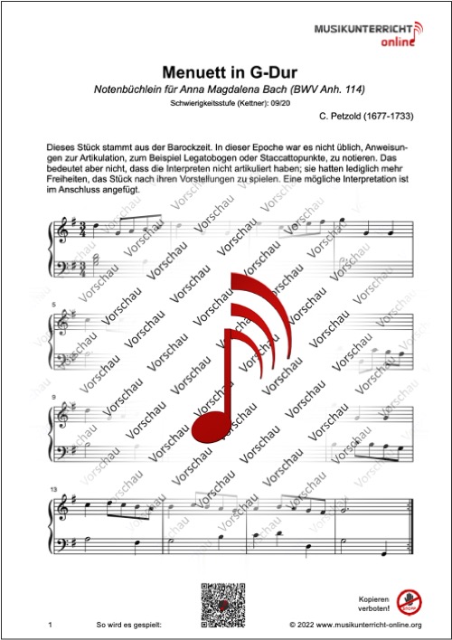 Vorschaubild Noten S. 1 C. Petzold Menuett in G-Dur, Notenbüchlein für Anna Magdalena Bach, Anh. 114