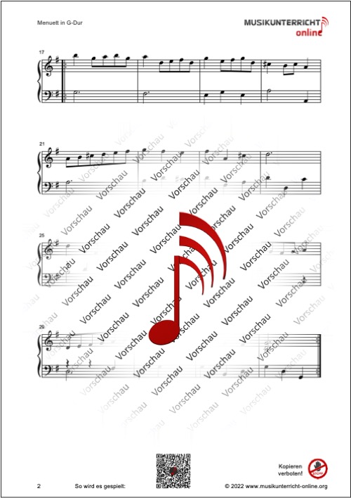 Vorschaubild Noten S. 2 C. Petzold Menuett in G-Dur, Notenbüchlein für Anna Magdalena Bach, Anh. 114