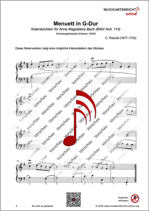 Vorschaubild Noten S. 3 C. Petzold Menuett in G-Dur, Notenbüchlein für Anna Magdalena Bach, Anh. 114