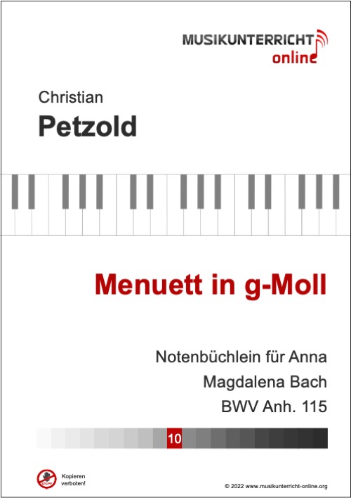 Vorschaubild Noten Titelseite C. Petzold Menuett in g-Moll, Notenbüchlein für Anna Magdalena Bach, Anh. 115