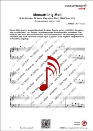 Vorschaubild Noten S. 1 C. Petzold Menuett in g-Moll, Notenbüchlein für Anna Magdalena Bach, Anh. 115