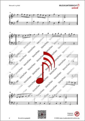 Vorschaubild Noten S. 2 C. Petzold Menuett in g-Moll, Notenbüchlein für Anna Magdalena Bach, Anh. 115