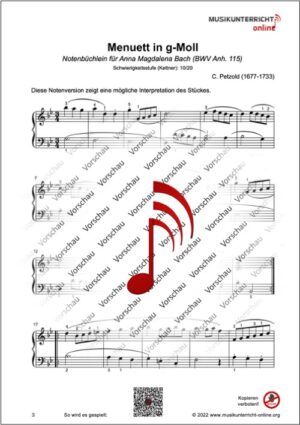 Vorschaubild Noten S. 3 C. Petzold Menuett in g-Moll, Notenbüchlein für Anna Magdalena Bach, Anh. 115